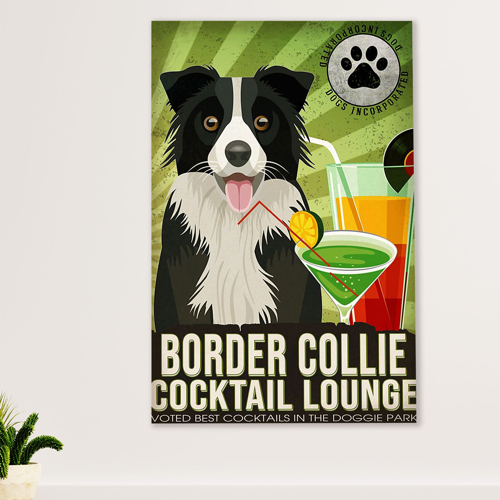 Cute Border Collie Dog Canvas Wall Art Prints | Collie Cocktail Lounge |  Gift for Merle Collie Lover