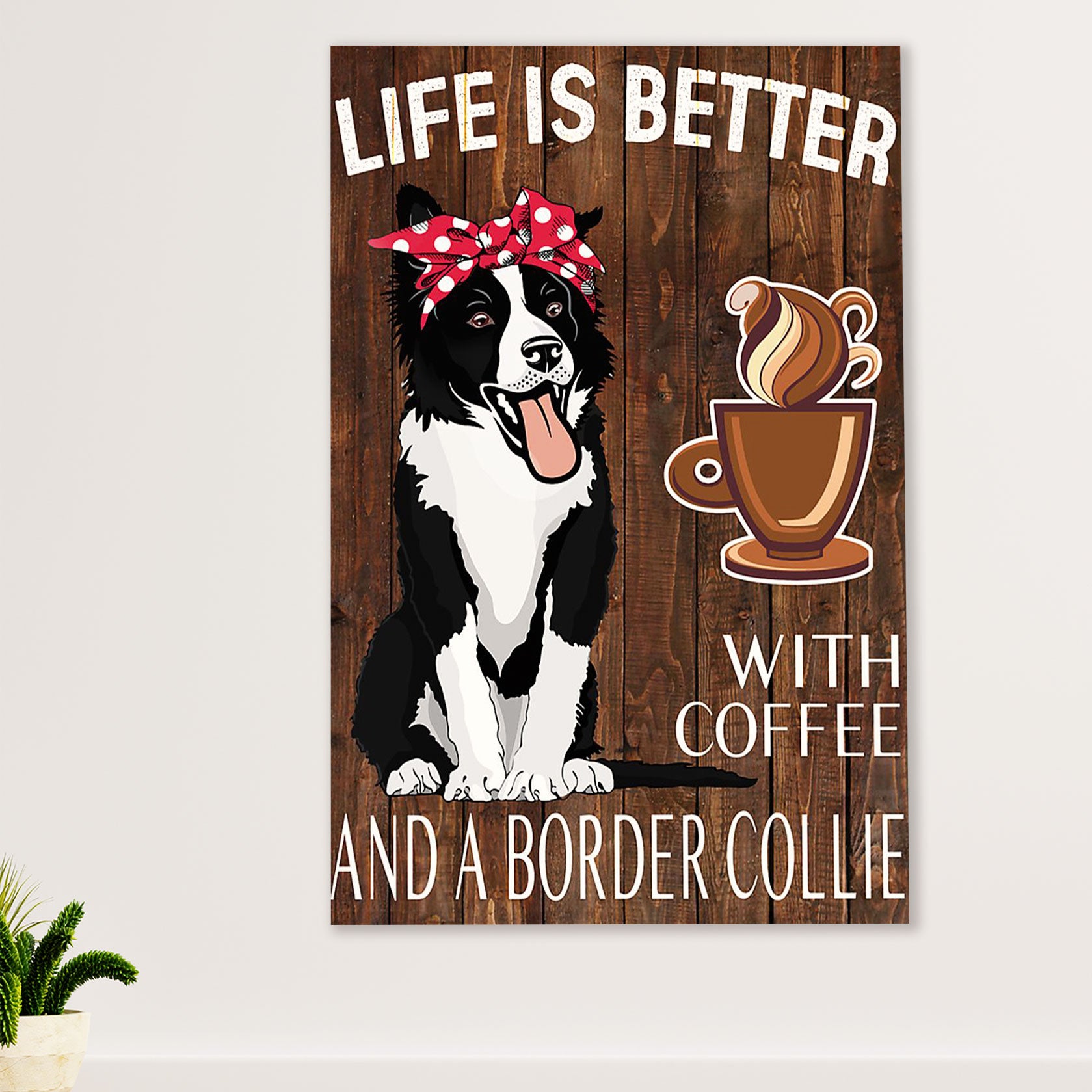 Cute Border Collie Dog Canvas Wall Art Prints | Loves Coffee & Border Collie |  Gift for Merle Collie Lover