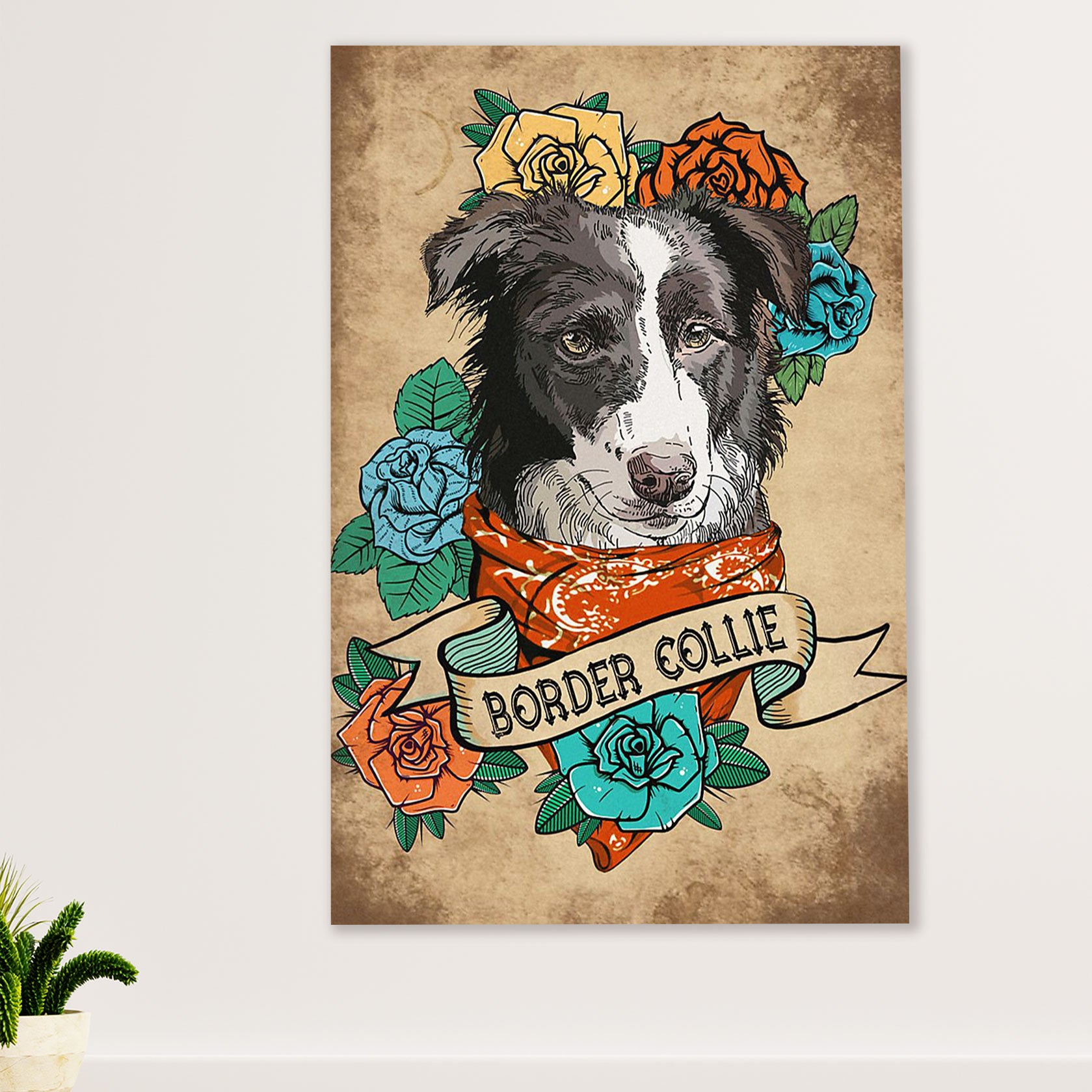 Cute Border Collie Dog Canvas Wall Art Prints | Collie Flower |  Gift for Merle Collie Lover