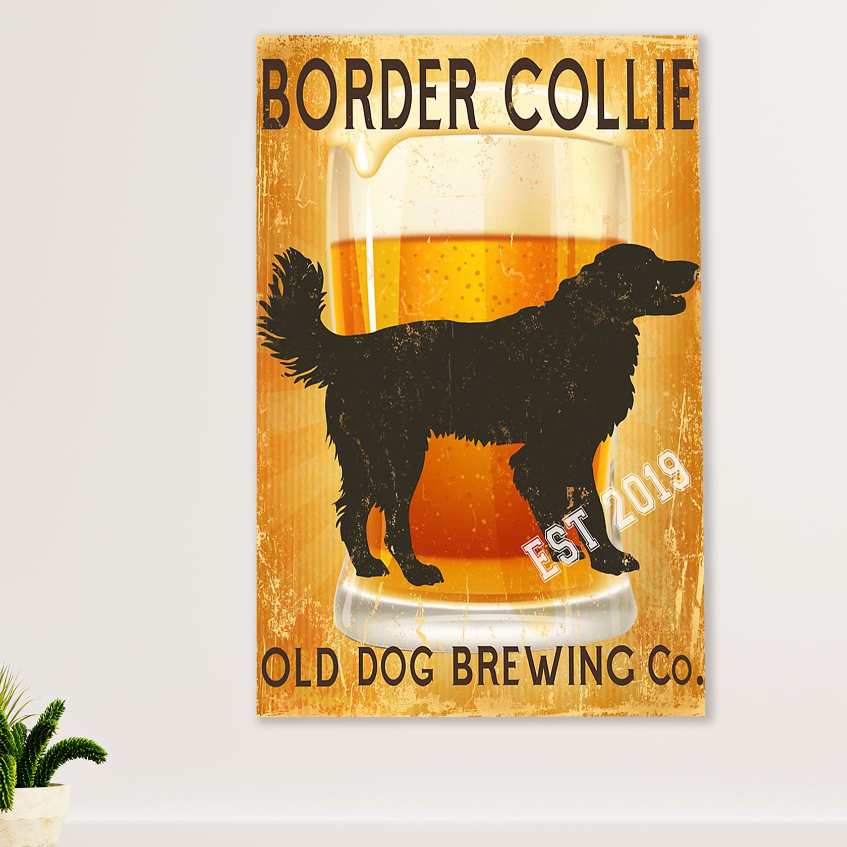 Cute Border Collie Dog Canvas Wall Art Prints | Old Dog Brewing Beer |  Gift for Merle Collie Lover