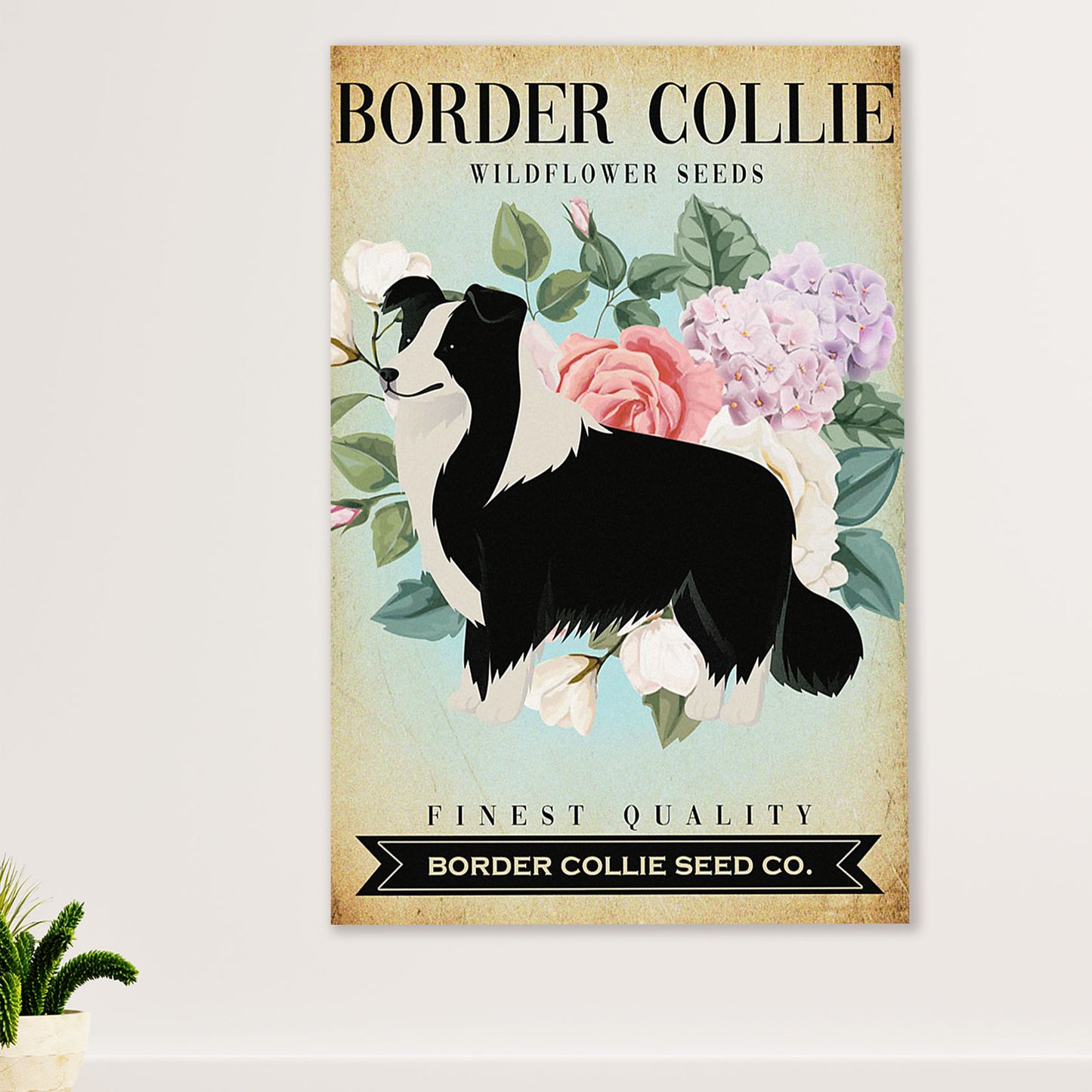 Cute Border Collie Dog Poster Prints | Wild Flower Seeds | Wall Art Gift for Puppies Merle Collie Lover