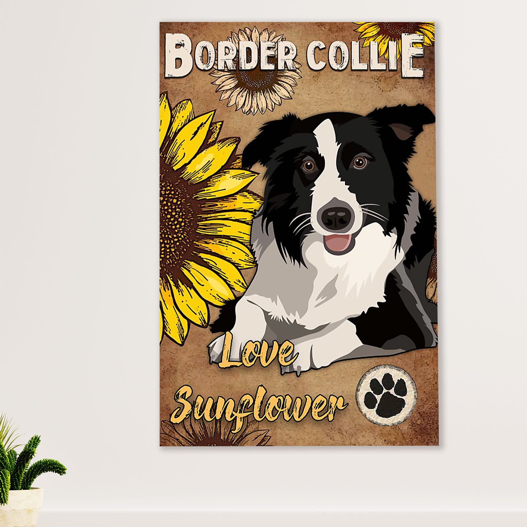 Cute Border Collie Dog Poster Prints | Love Sunflower | Wall Art Gift for Puppies Merle Collie Lover