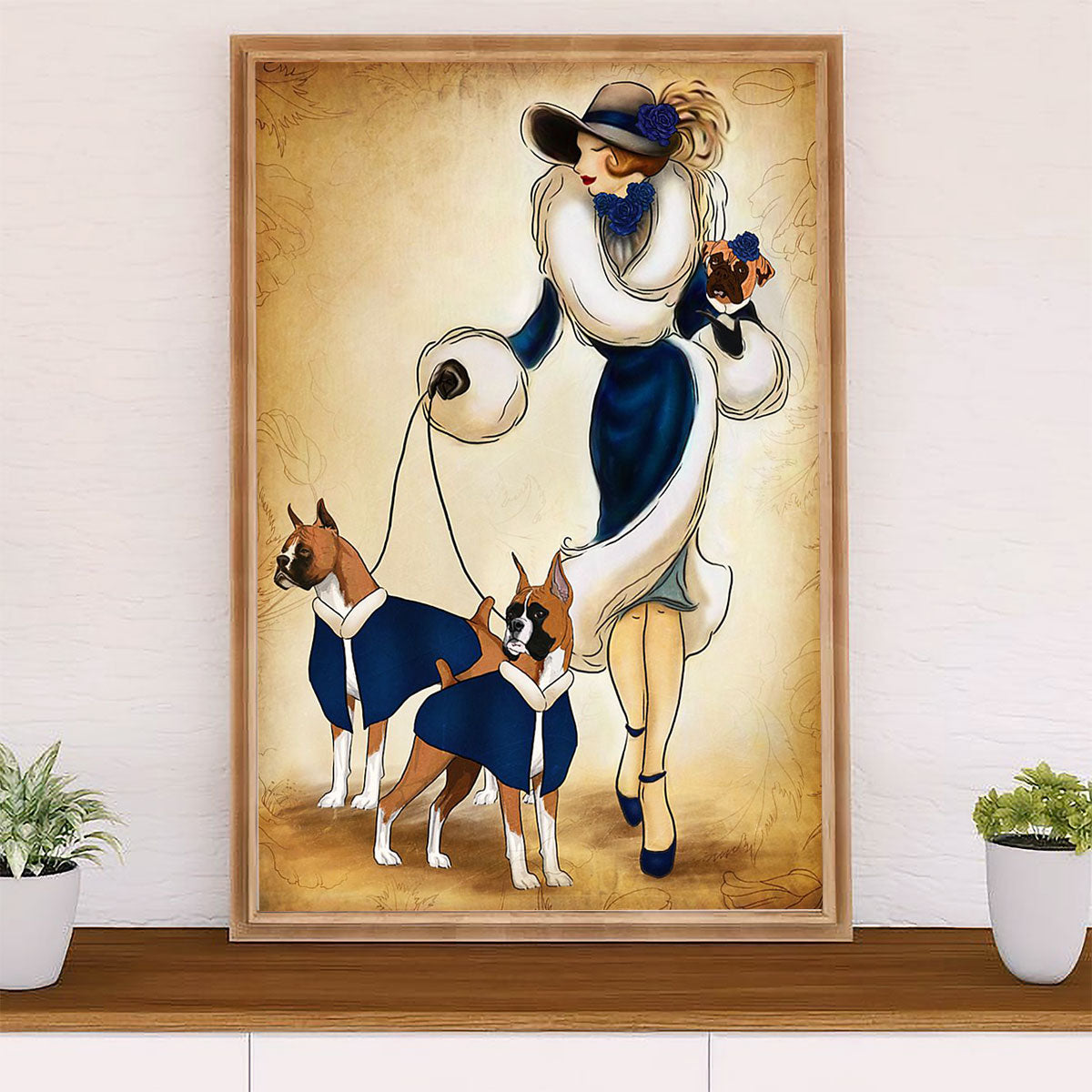 Funny Cute Boxer Canvas Wall Art Prints | Lady & Dogs | Gift for Brindle Boxador Dog Lover