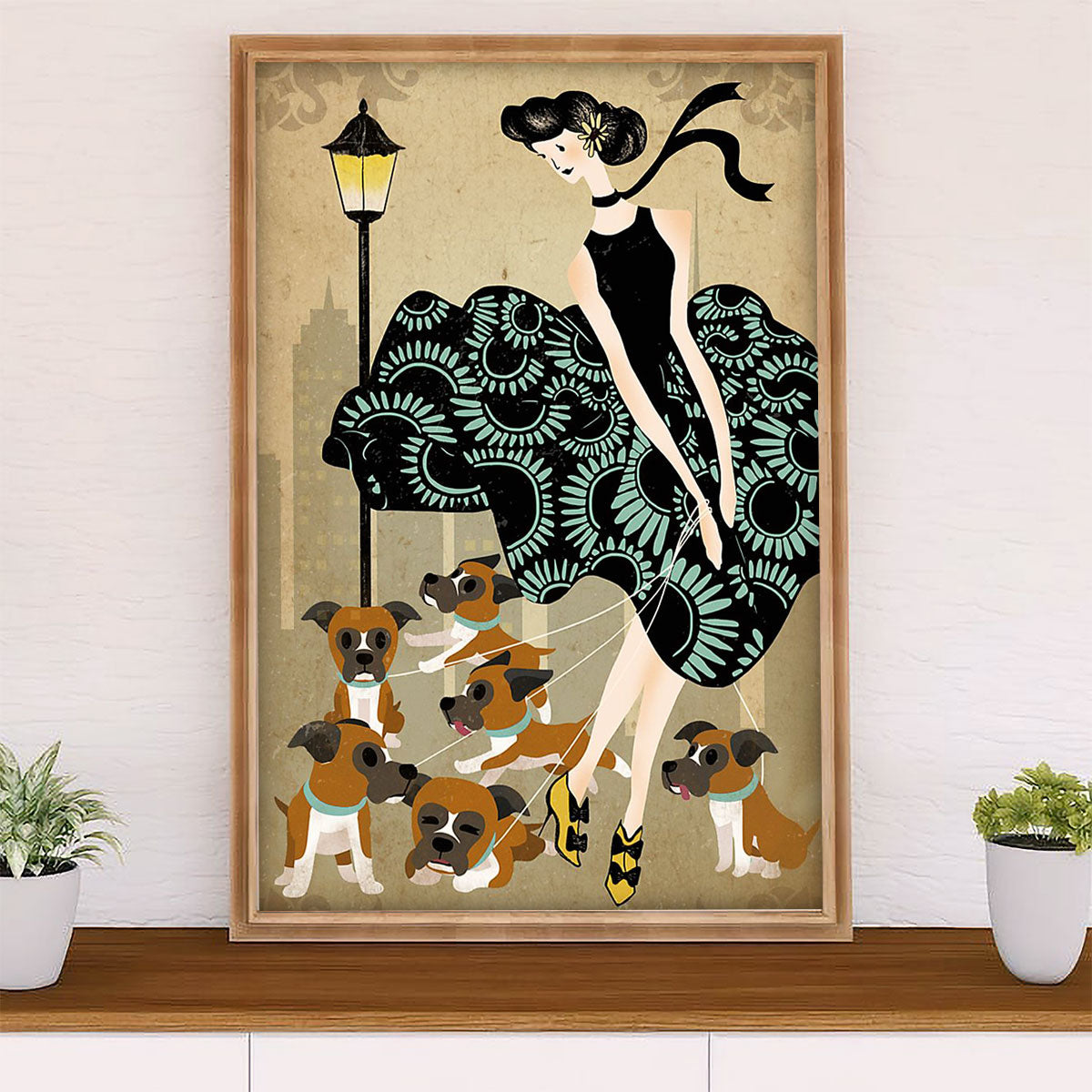 Funny Cute Boxer Poster | Lady & Dogs | Wall Art Gift for Brindle Boxador Puppies Lover