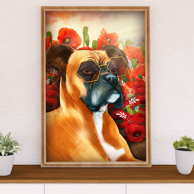 Funny Cute Boxer Poster | Dog & Flower | Wall Art Gift for Brindle Boxador Puppies Lover