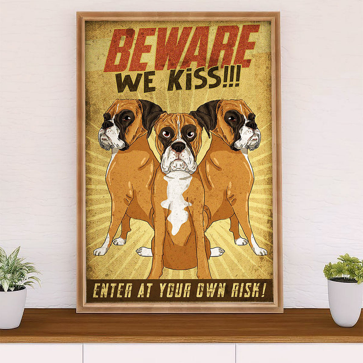 Funny Cute Boxer Poster | Beware We Kiss | Wall Art Gift for Brindle Boxador Puppies Lover