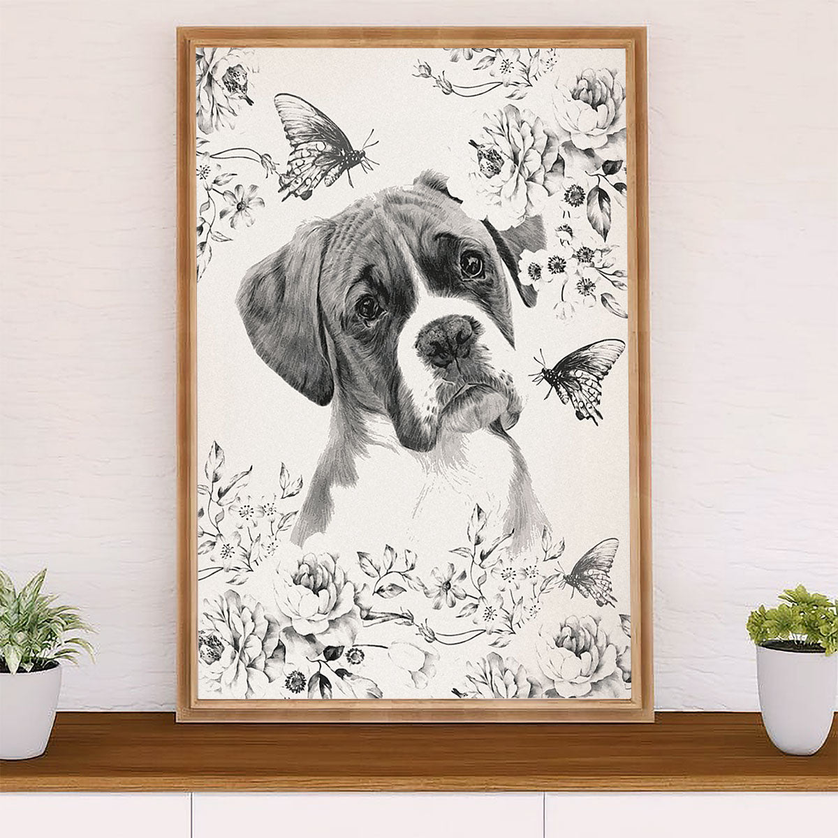 Funny Cute Boxer Poster | Boxer & Butterfly | Wall Art Gift for Brindle Boxador Puppies Lover