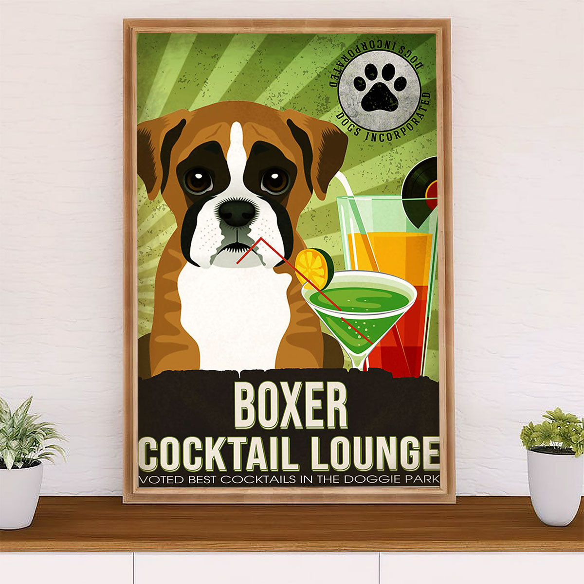 Funny Cute Boxer Poster | Cocktail Lounge | Wall Art Gift for Brindle Boxador Puppies Lover