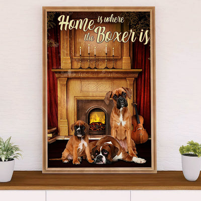 Funny Cute Boxer Poster | Home Is Where | Wall Art Gift for Brindle Boxador Puppies Lover