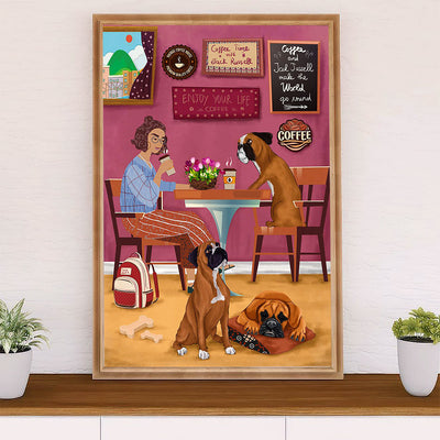 Funny Cute Boxer Canvas Wall Art Prints | Girl Drinks Coffee with Dog | Gift for Brindle Boxador Dog Lover