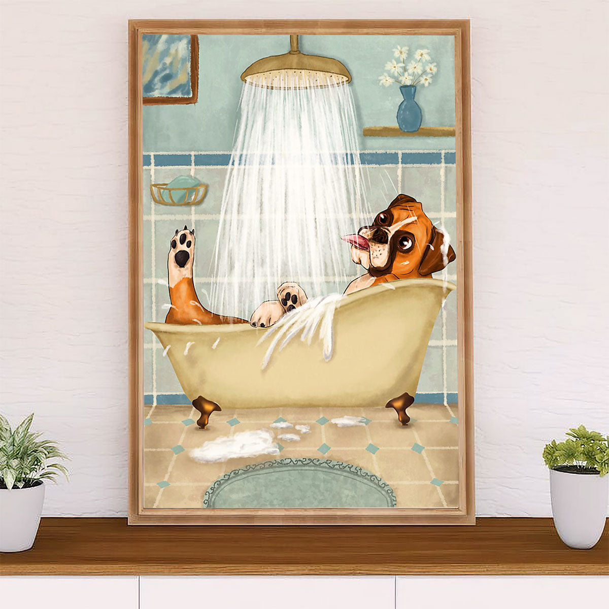Funny Cute Boxer Canvas Wall Art Prints | Funny Dog in Bath | Gift for Brindle Boxador Dog Lover