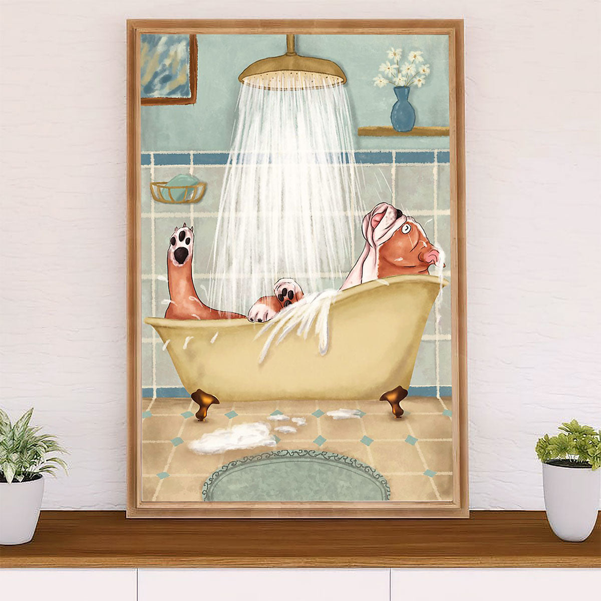Funny Cute Boxer Poster | Funny Dog in Bath | Wall Art Gift for Brindle Boxador Puppies Lover