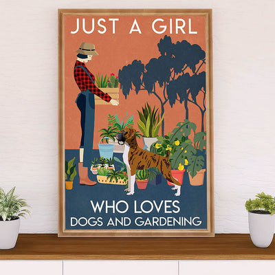 Funny Cute Boxer Canvas Wall Art Prints | Girl Loves Dogs & Gardening | Gift for Brindle Boxador Dog Lover