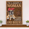 Funny Cute Boxer Canvas Wall Art Prints | Woman Loves Coffee & Boxers | Gift for Brindle Boxador Dog Lover