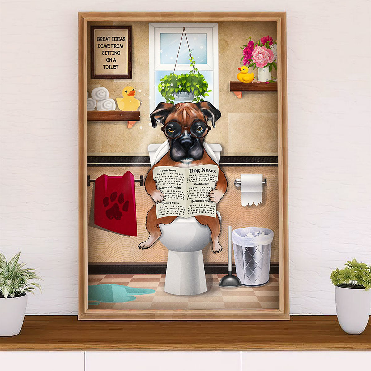 Funny Cute Boxer Canvas Wall Art Prints | Funny Dog in Toilet | Gift for Brindle Boxador Dog Lover