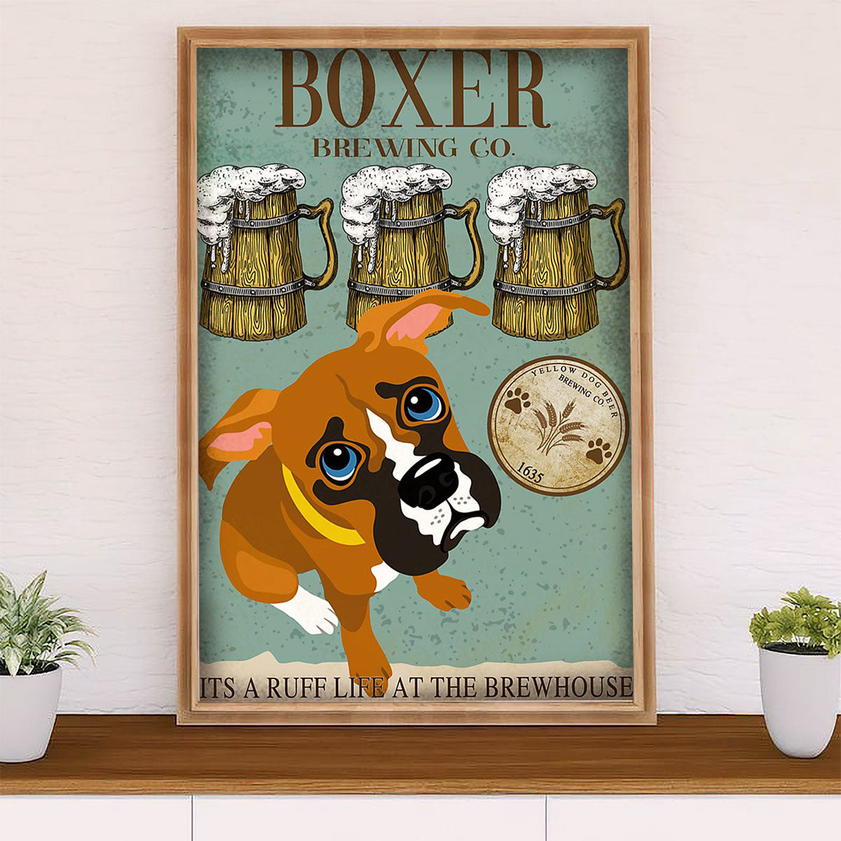 Funny Cute Boxer Canvas Wall Art Prints | Boxer Brewing | Gift for Brindle Boxador Dog Lover