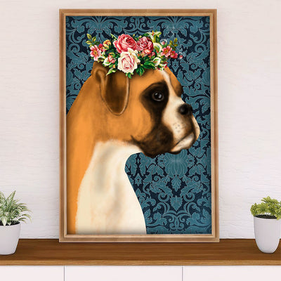 Funny Cute Boxer Canvas Wall Art Prints | Flower Dog | Gift for Brindle Boxador Dog Lover