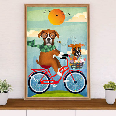 Funny Cute Boxer Poster | Funny Dog Bicycle | Wall Art Gift for Brindle Boxador Puppies Lover