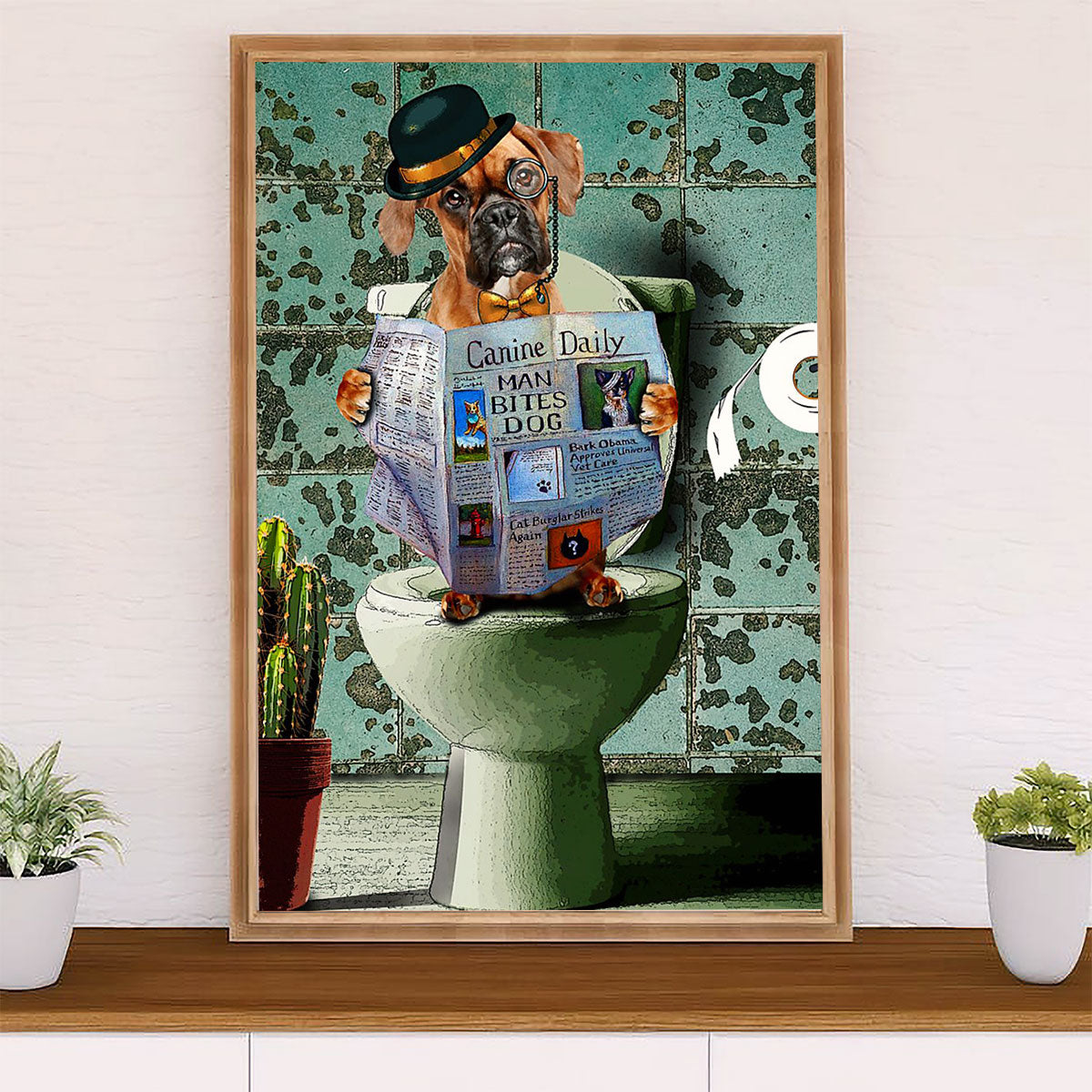 Funny Cute Boxer Canvas Wall Art Prints | Funny Dog in Toilet | Gift for Brindle Boxador Dog Lover