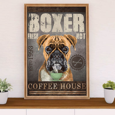 Funny Cute Boxer Canvas Wall Art Prints | Dog Coffee House | Gift for Brindle Boxador Dog Lover
