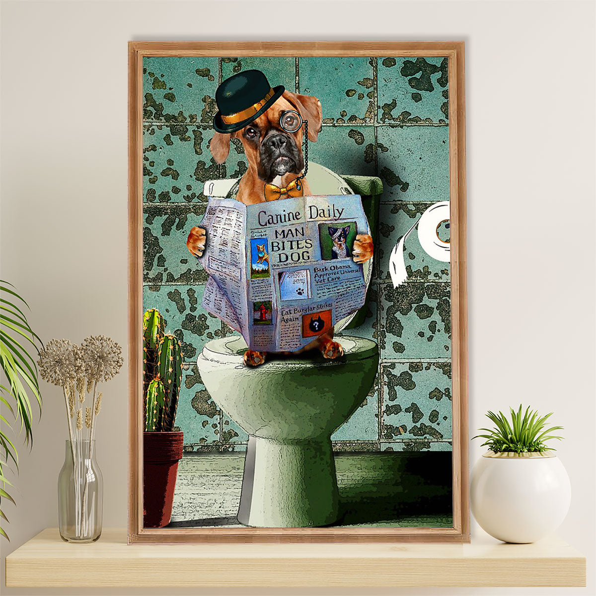Funny Cute Boxer Poster | Funny Dog in Toilet | Wall Art Gift for Brindle Boxador Puppies Lover