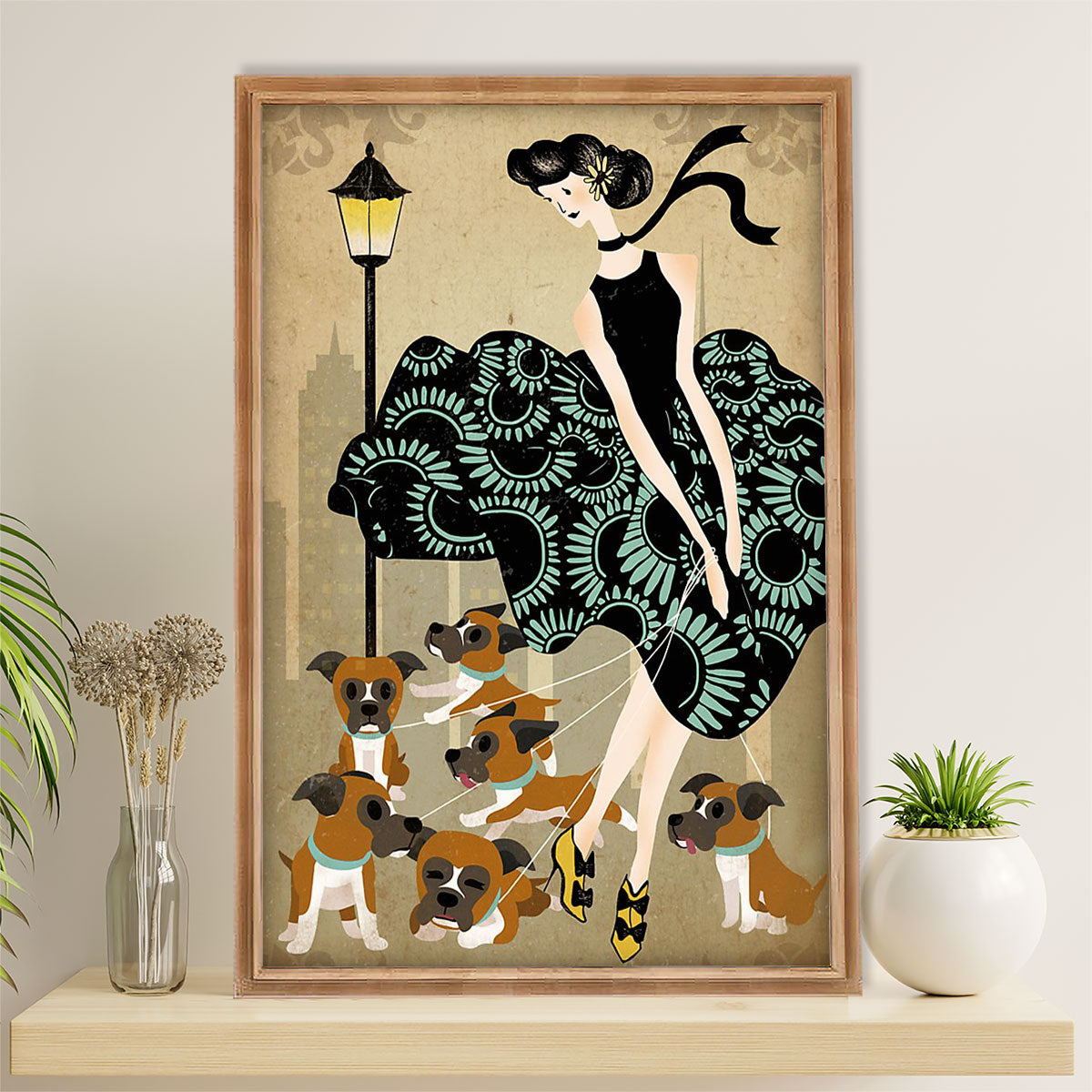 Funny Cute Boxer Poster | Lady & Dogs | Wall Art Gift for Brindle Boxador Puppies Lover