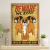 Funny Cute Boxer Poster | Beware We Kiss | Wall Art Gift for Brindle Boxador Puppies Lover