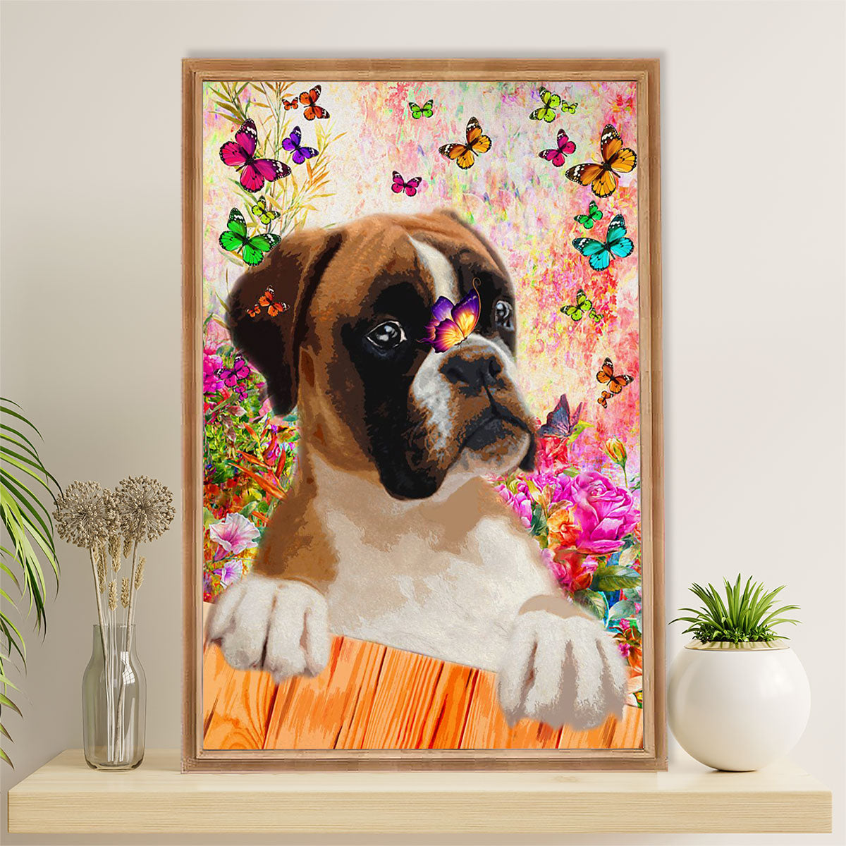 Funny Cute Boxer Poster | Boxer & Butterfly | Wall Art Gift for Brindle Boxador Puppies Lover