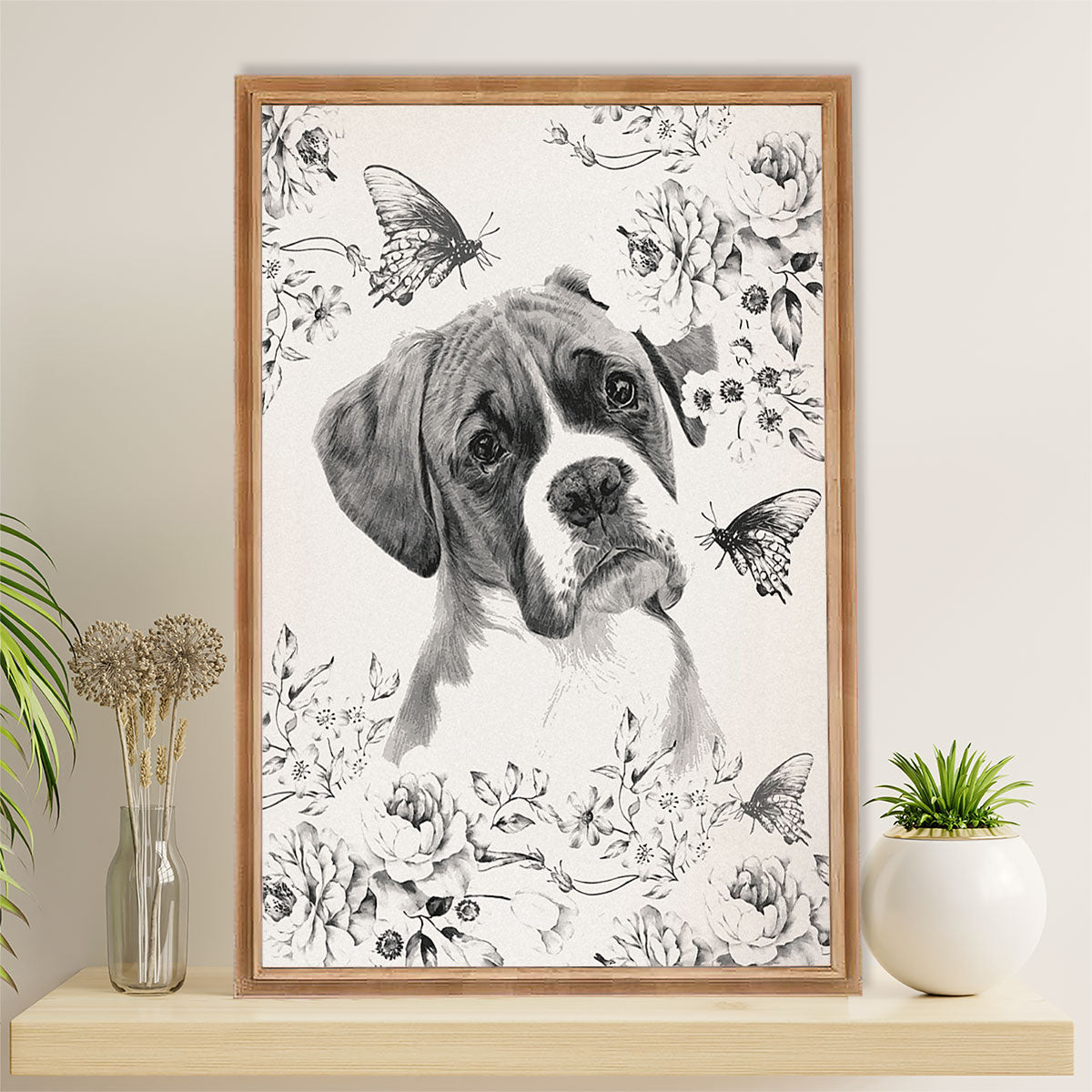 Funny Cute Boxer Canvas Wall Art Prints | Boxer & Butterfly | Gift for Brindle Boxador Dog Lover