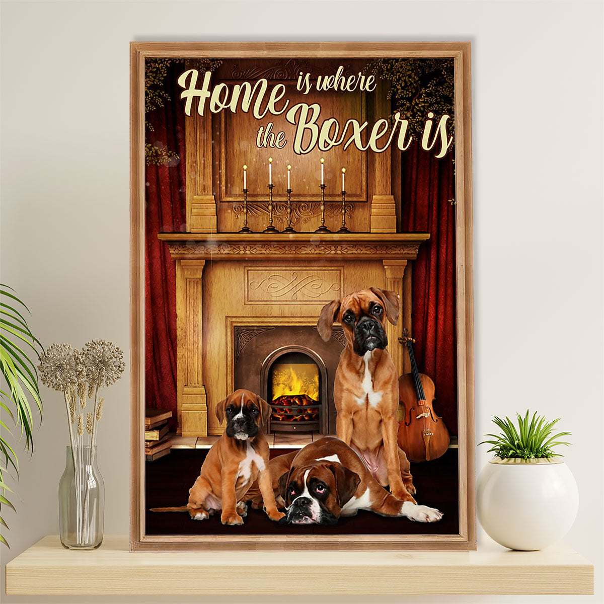 Funny Cute Boxer Poster | Home Is Where | Wall Art Gift for Brindle Boxador Puppies Lover