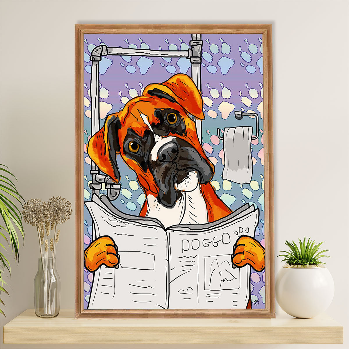 Funny Cute Boxer Canvas Wall Art Prints | Dog in Toilet | Gift for Brindle Boxador Dog Lover