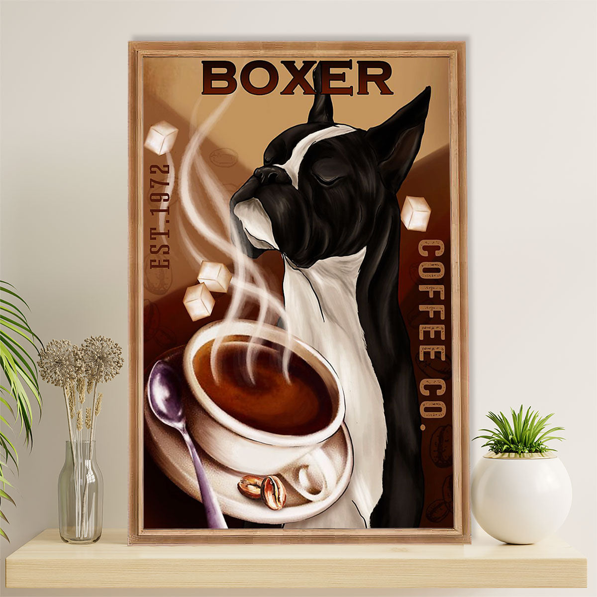 Funny Cute Boxer Canvas Wall Art Prints | Coffee Co | Gift for Brindle Boxador Dog Lover