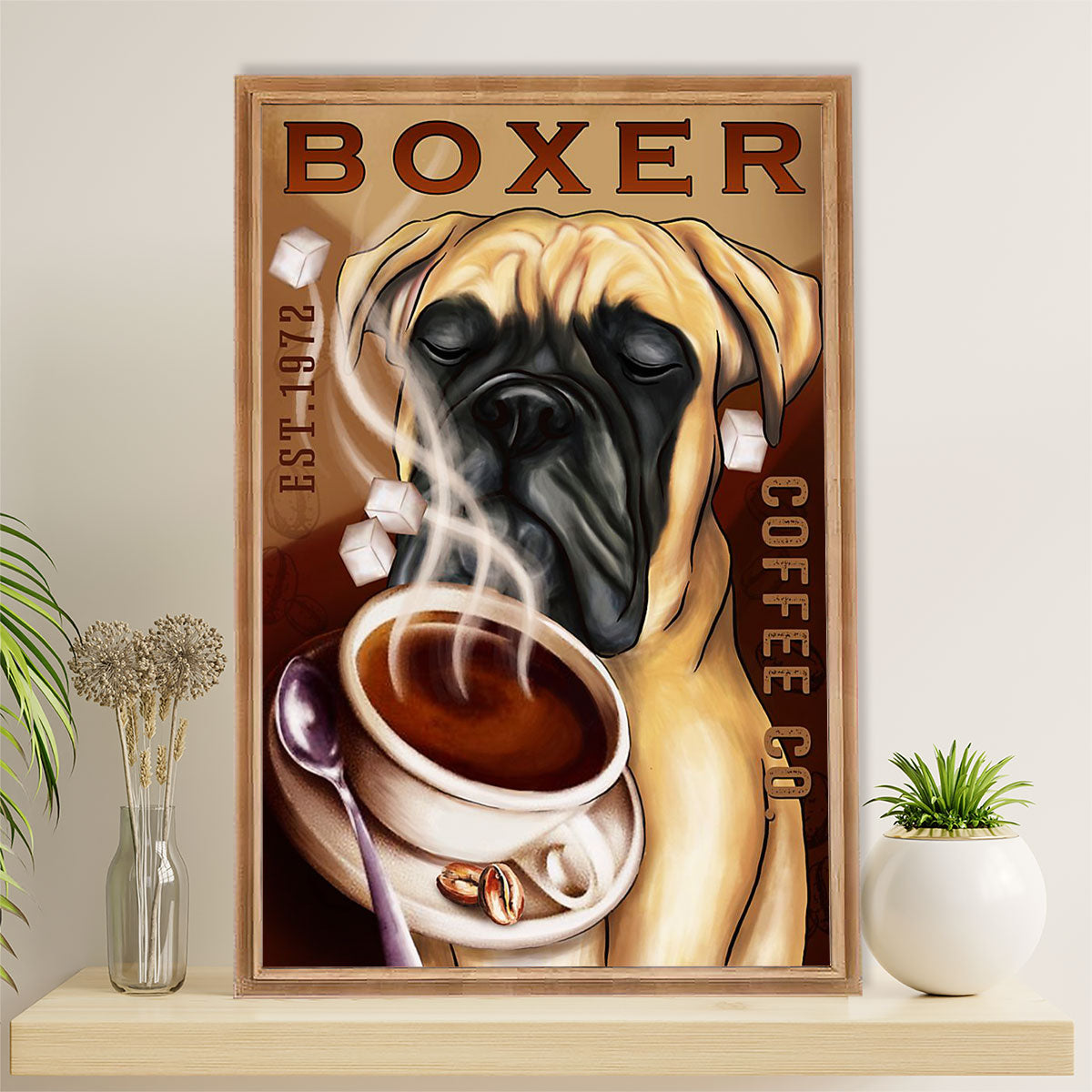 Funny Cute Boxer Canvas Wall Art Prints | Coffee Co | Gift for Brindle Boxador Dog Lover