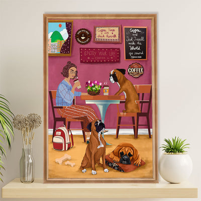Funny Cute Boxer Poster | Girl Drinks Coffee with Dog | Wall Art Gift for Brindle Boxador Puppies Lover