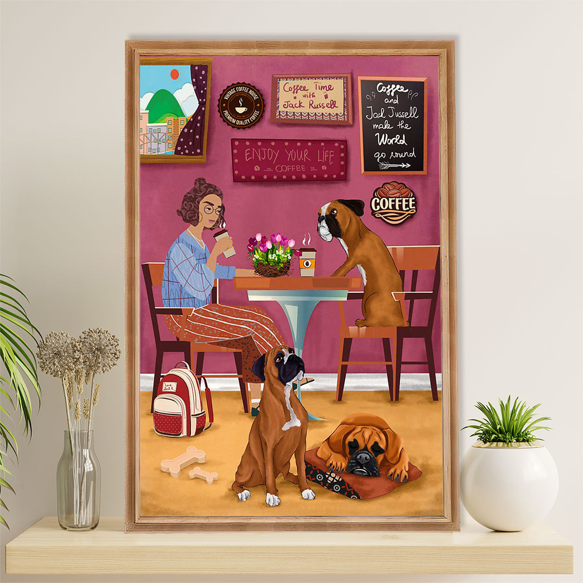 Funny Cute Boxer Canvas Wall Art Prints | Girl Drinks Coffee with Dog | Gift for Brindle Boxador Dog Lover