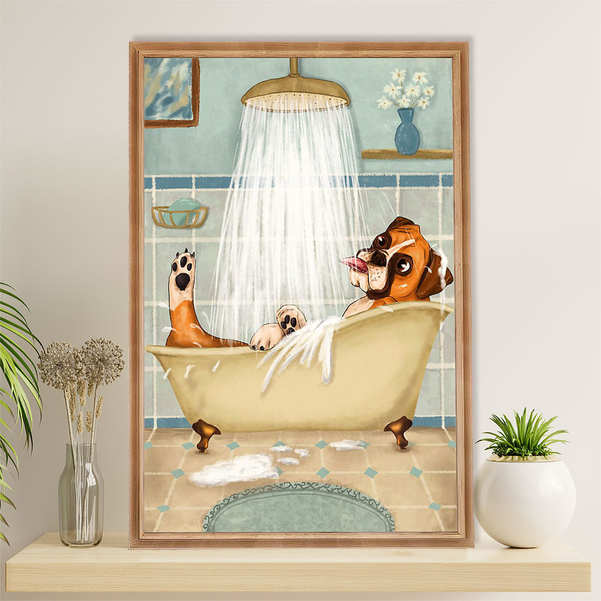 Funny Cute Boxer Poster | Funny Dog in Bath | Wall Art Gift for Brindle Boxador Puppies Lover