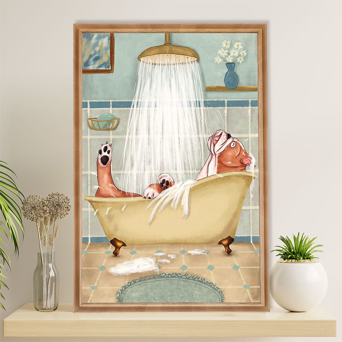 Funny Cute Boxer Canvas Wall Art Prints | Funny Dog in Bath | Gift for Brindle Boxador Dog Lover