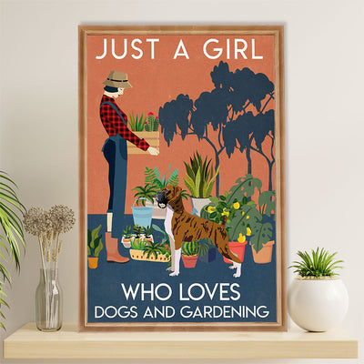 Funny Cute Boxer Canvas Wall Art Prints | Girl Loves Dogs & Gardening | Gift for Brindle Boxador Dog Lover