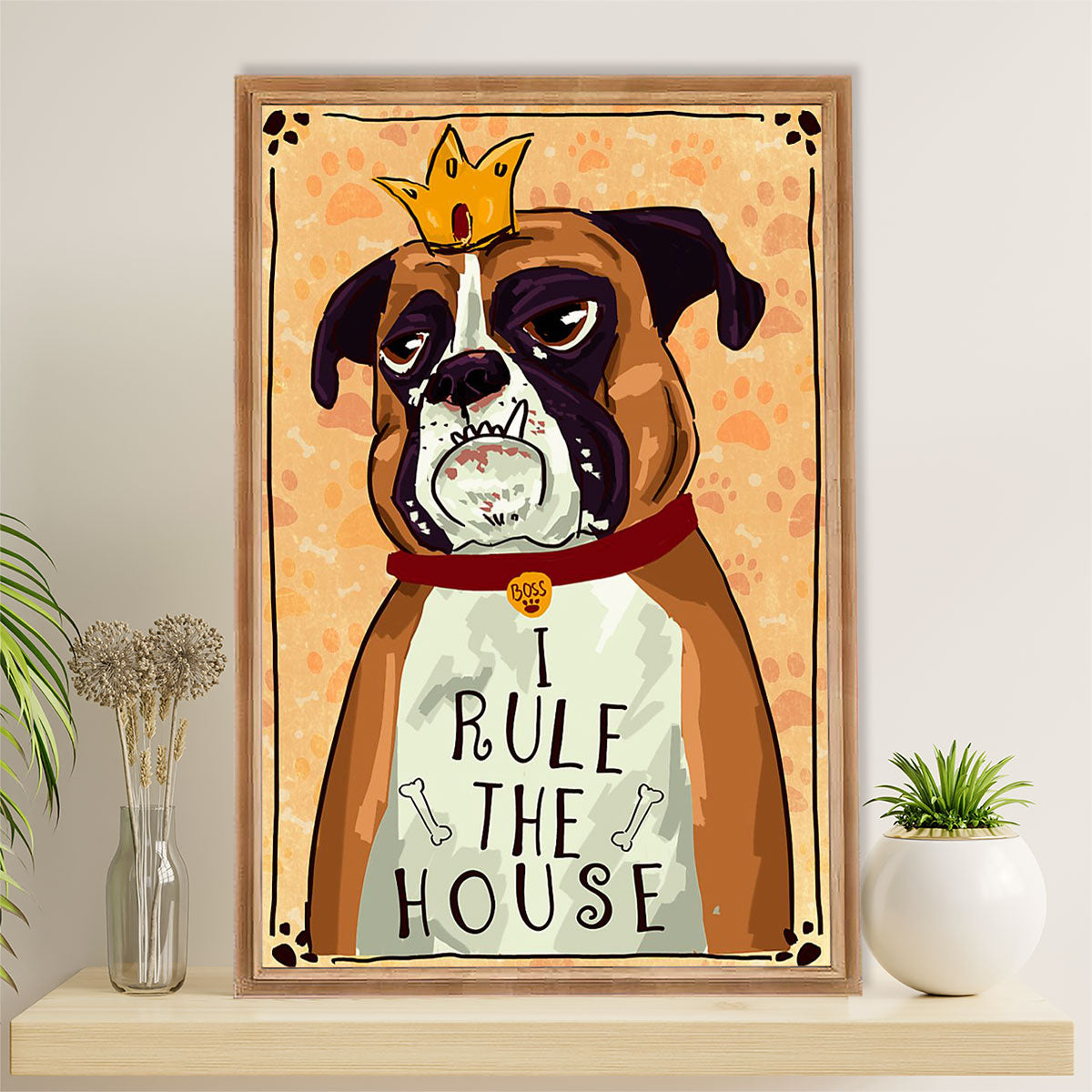 Funny Cute Boxer Canvas Wall Art Prints | Dog Rules The House | Gift for Brindle Boxador Dog Lover