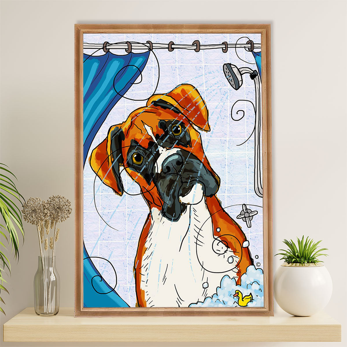 Funny Cute Boxer Poster | Dog in Bath | Wall Art Gift for Brindle Boxador Puppies Lover