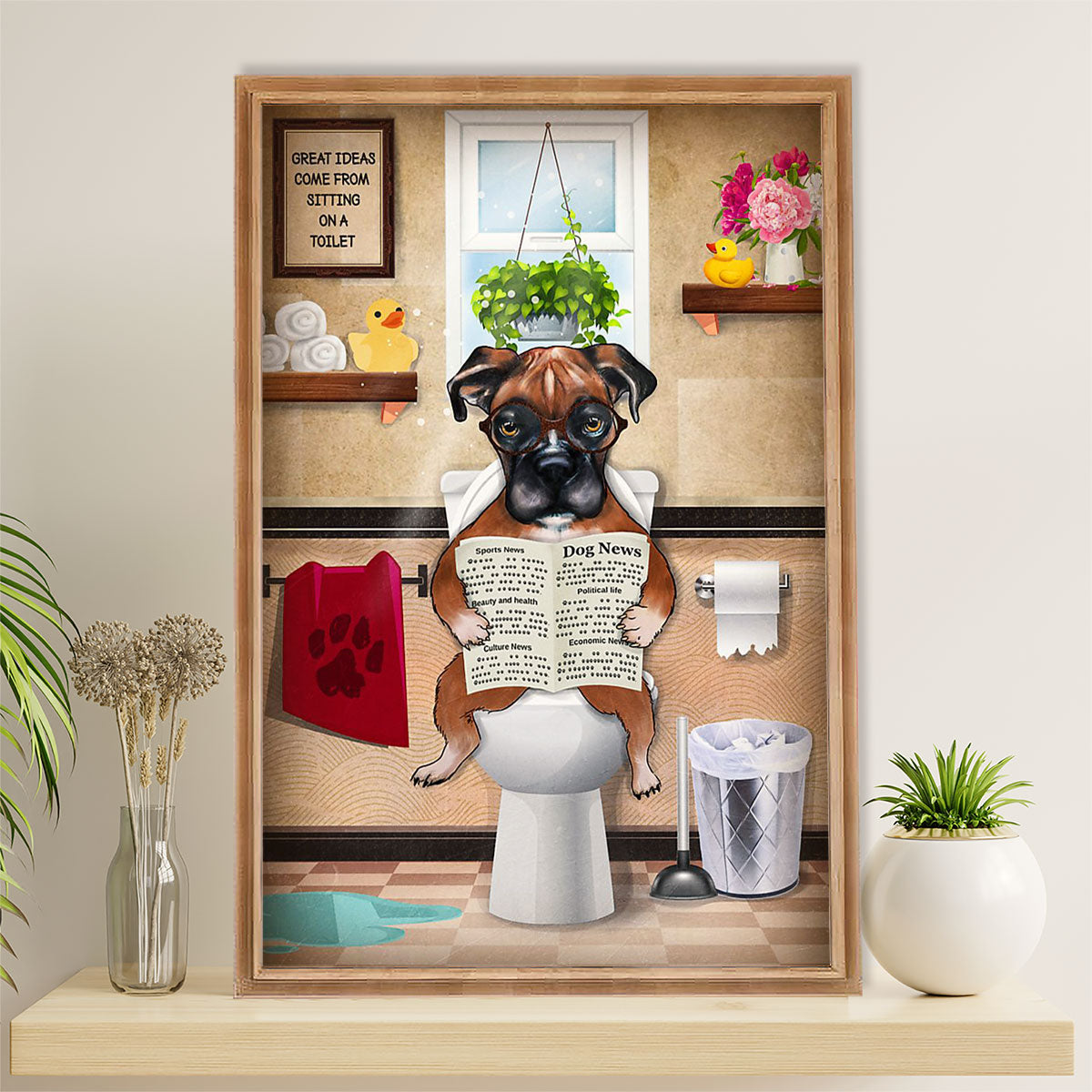 Funny Cute Boxer Canvas Wall Art Prints | Funny Dog in Toilet | Gift for Brindle Boxador Dog Lover