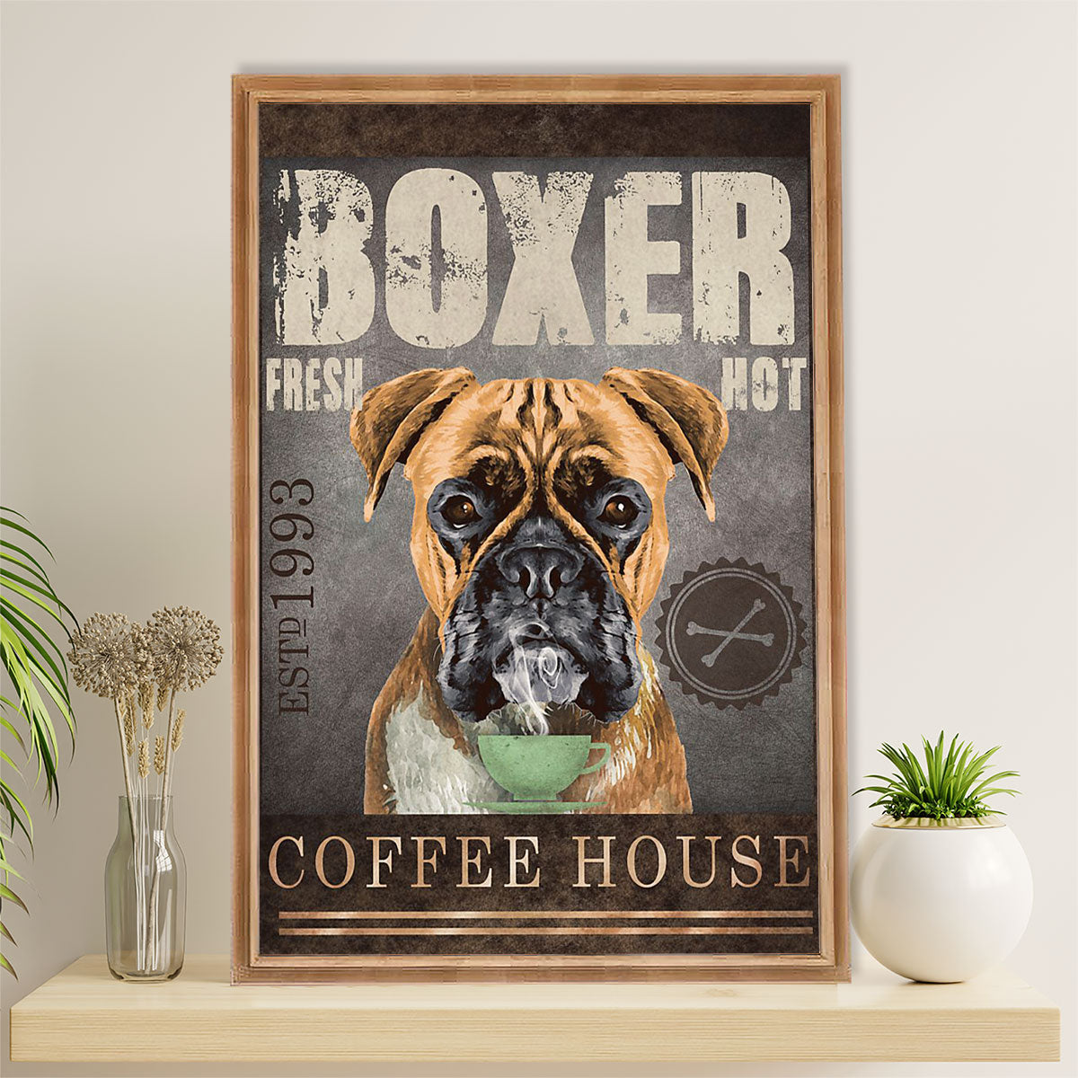 Funny Cute Boxer Canvas Wall Art Prints | Dog Coffee House | Gift for Brindle Boxador Dog Lover