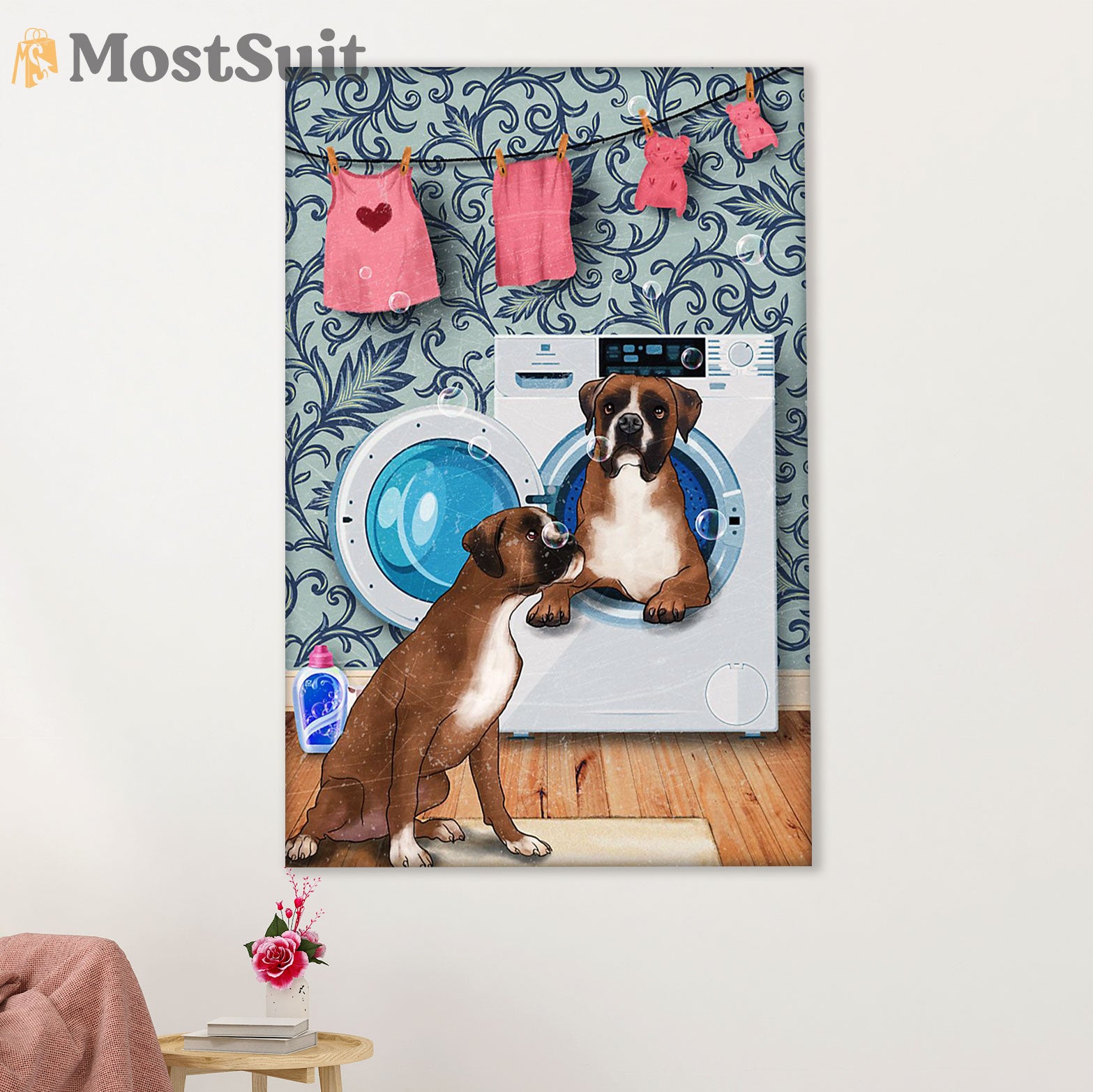 Funny Cute Boxer Canvas Wall Art Prints | Funny Dog Washing Machine | Gift for Brindle Boxador Dog Lover