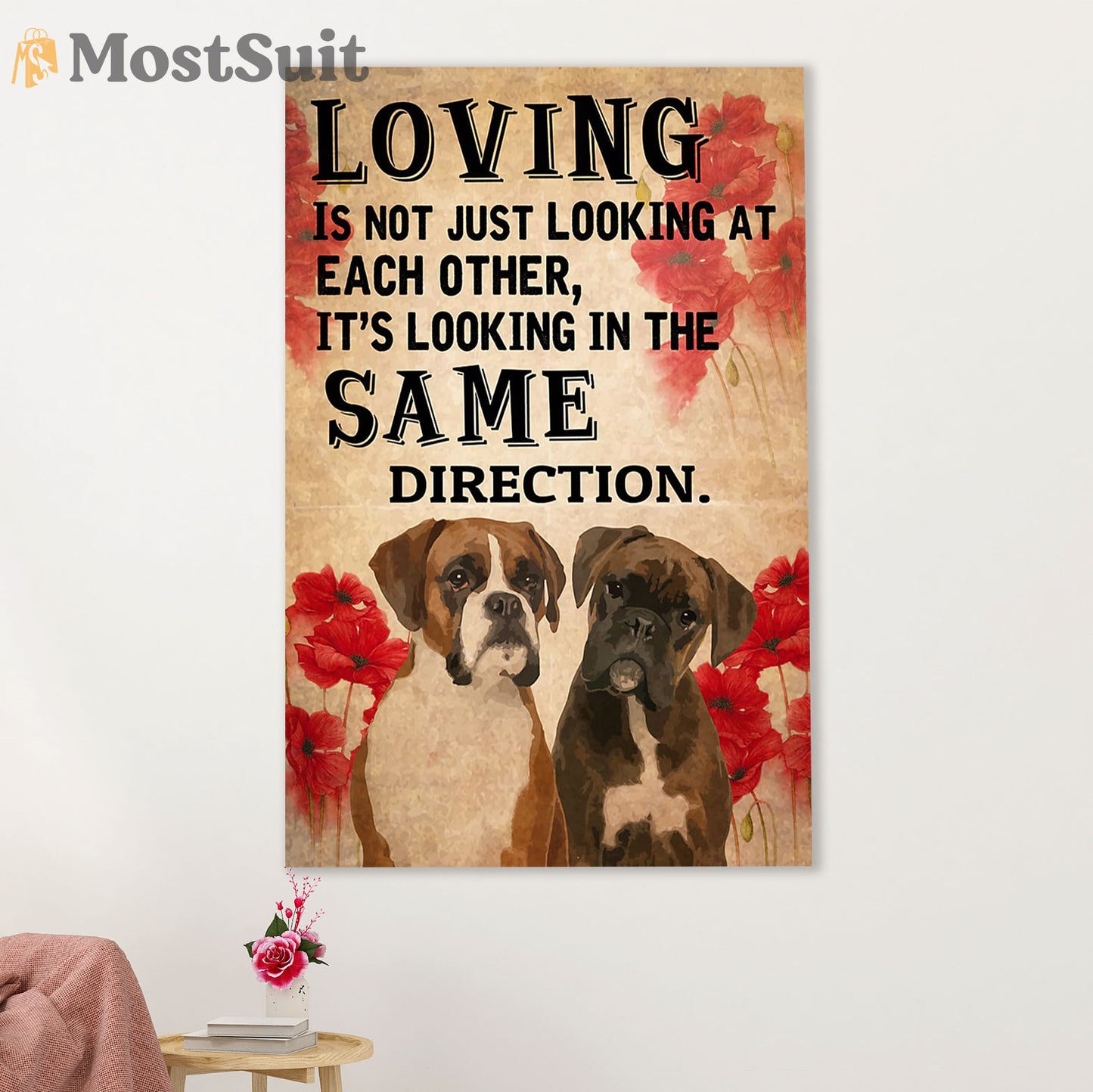 Funny Cute Boxer Poster | Looking in The Same Direction | Wall Art Gift for Brindle Boxador Puppies Lover