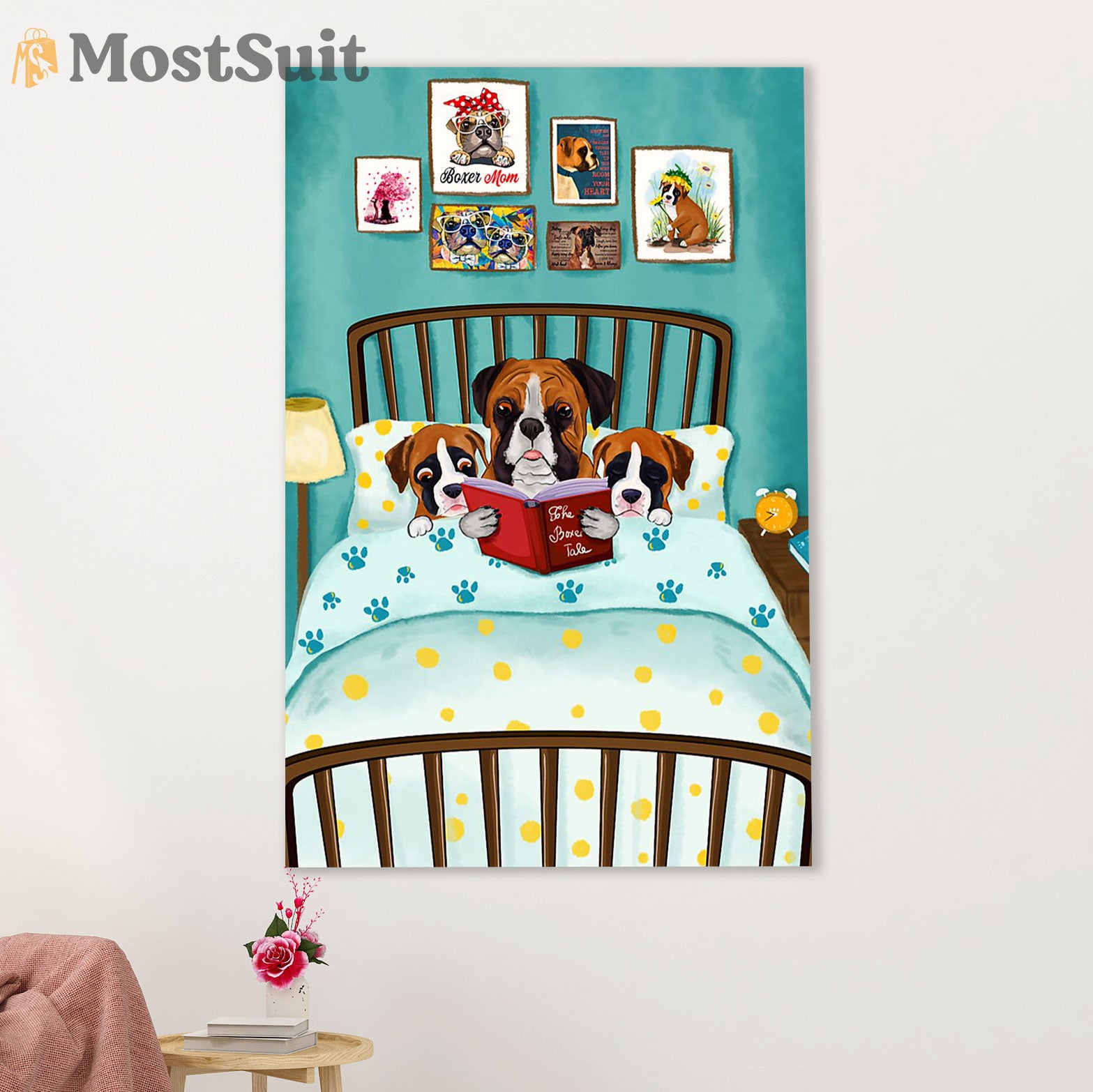 Funny Cute Boxer Canvas Wall Art Prints | Boxer Dad & Kids | Gift for Brindle Boxador Dog Lover