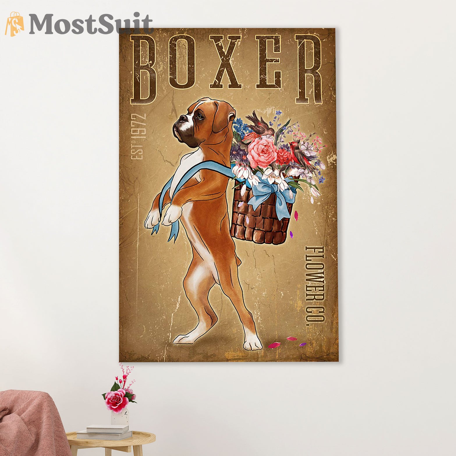 Funny Cute Boxer Poster | Boxer Flower Co | Wall Art Gift for Brindle Boxador Puppies Lover