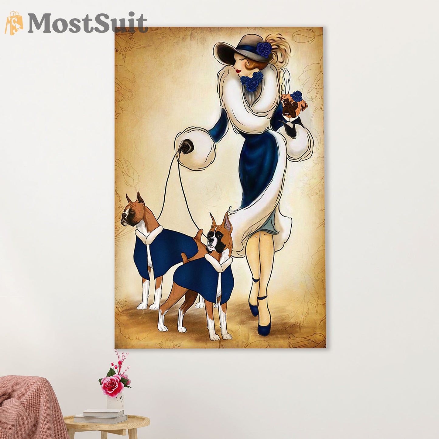 Funny Cute Boxer Poster | Lady & Dogs | Wall Art Gift for Brindle Boxador Puppies Lover