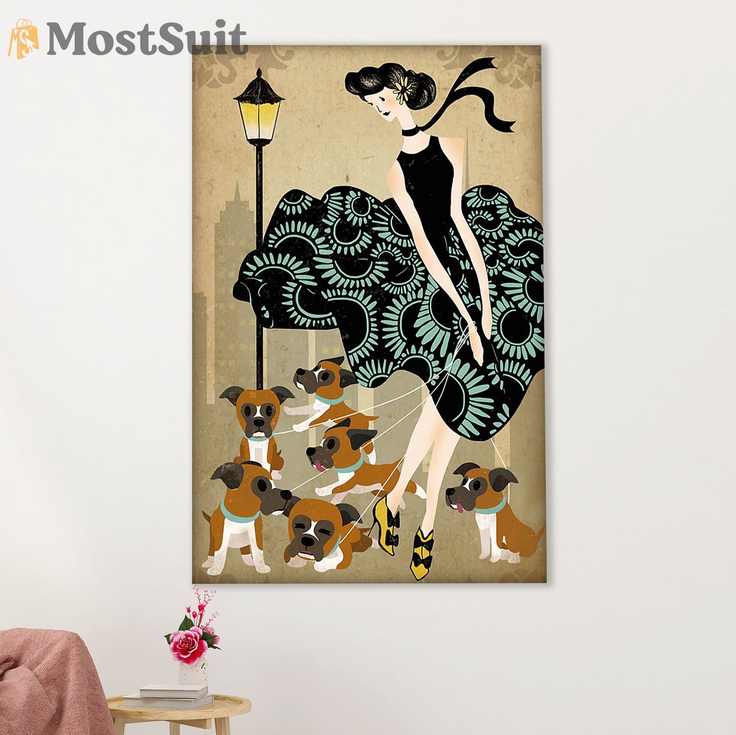 Funny Cute Boxer Canvas Wall Art Prints | Lady & Dogs | Gift for Brindle Boxador Dog Lover