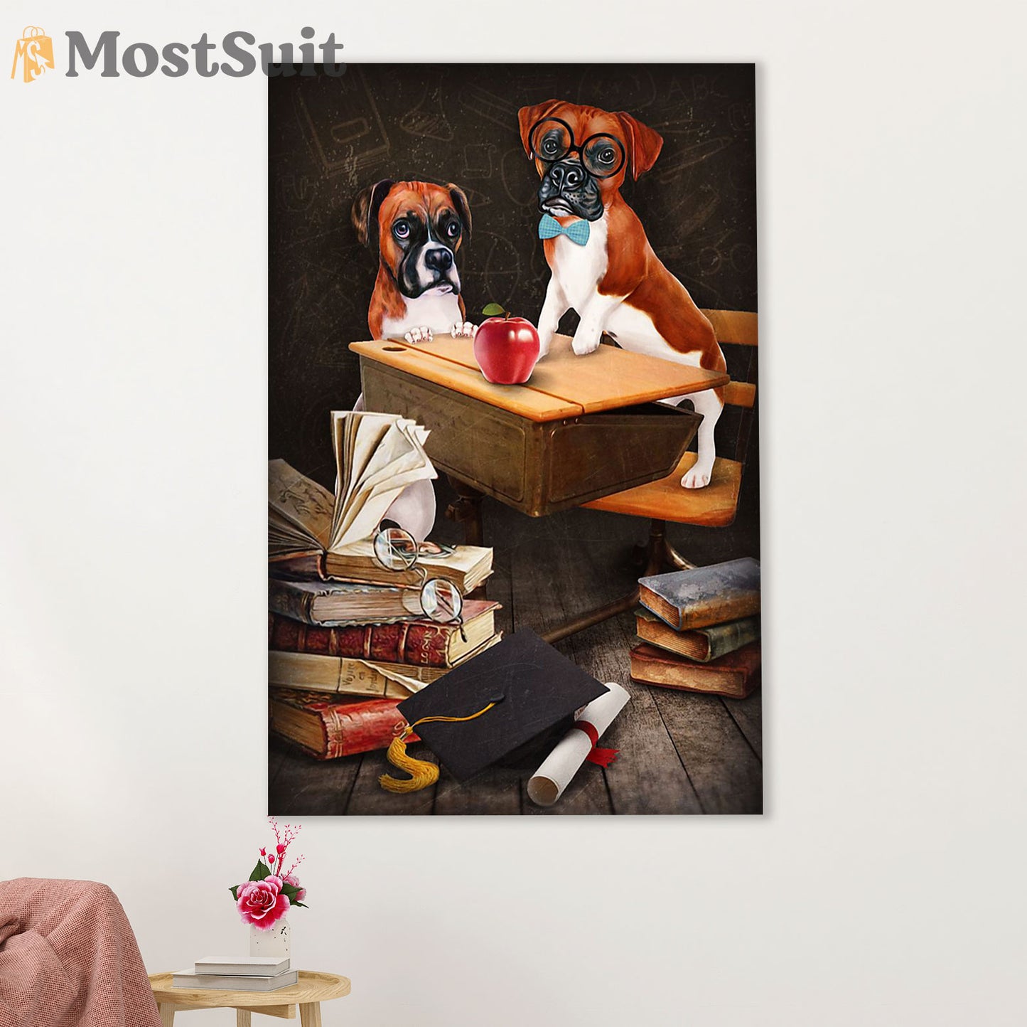 Funny Cute Boxer Canvas Wall Art Prints | Dog Student | Gift for Brindle Boxador Dog Lover