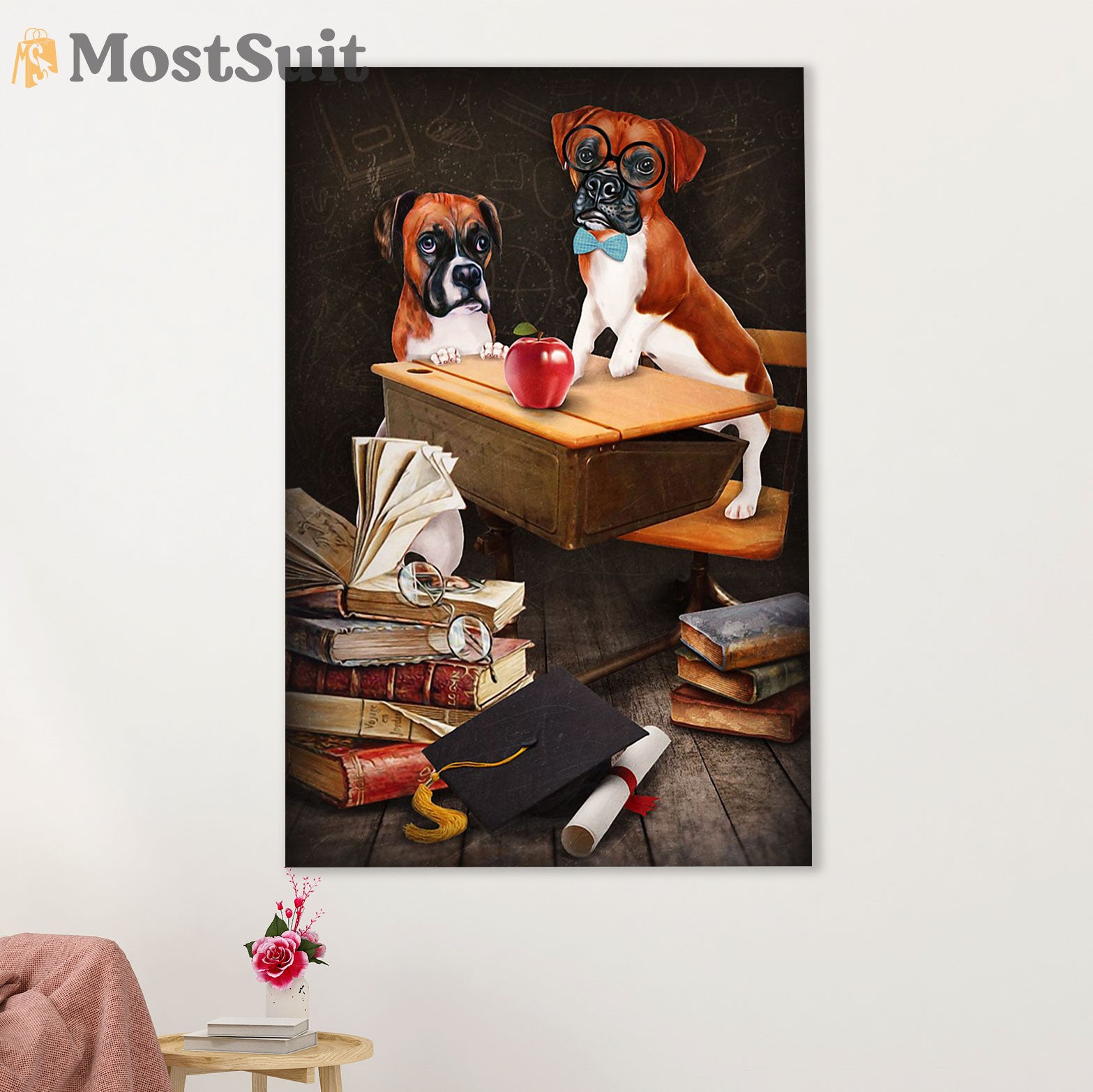 Funny Cute Boxer Canvas Wall Art Prints | Dog Student | Gift for Brindle Boxador Dog Lover
